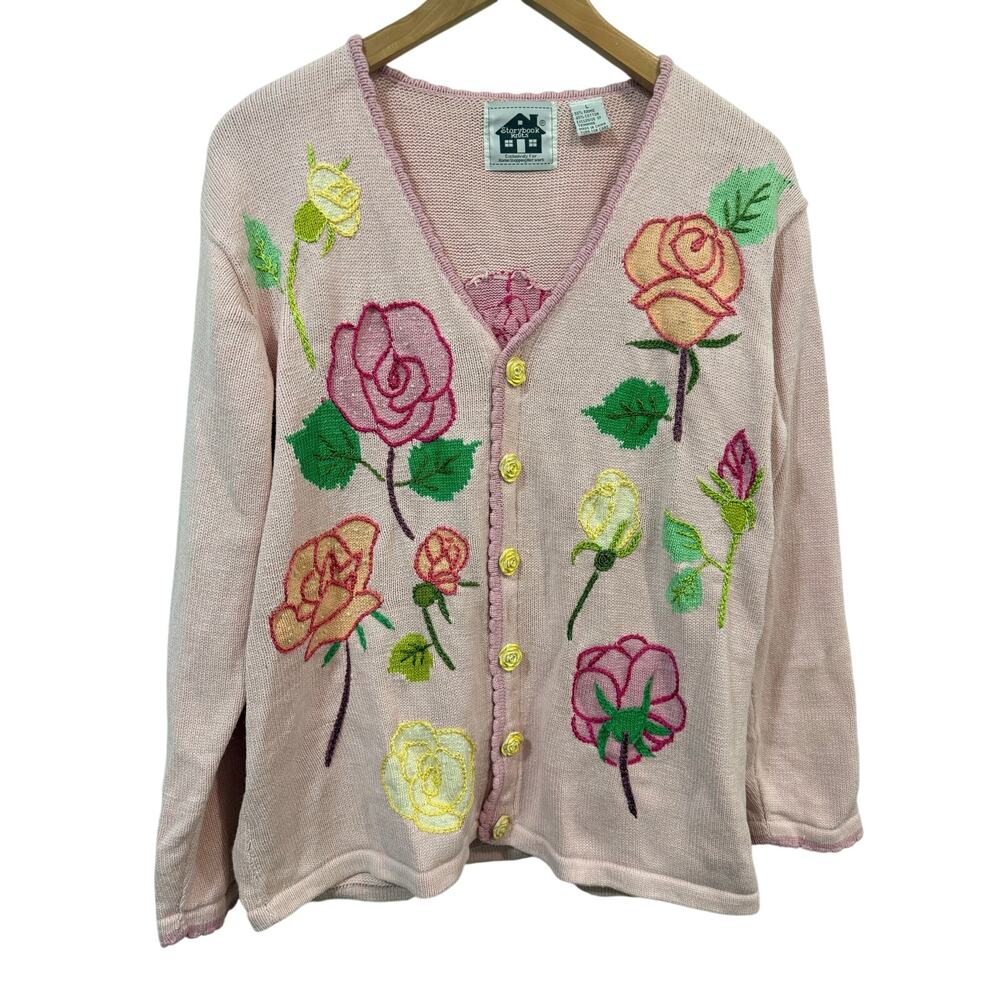 Vintage Storybook Knits Pink Floral Embroidered Cardigan Sweater Size L Preppy